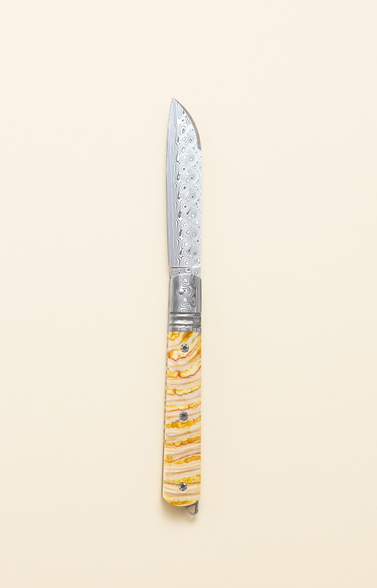 Photo de l'Alios, couteau artisanal en molaire de mammouth, lame et mitre damas