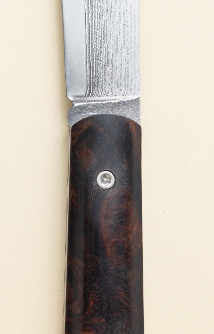 Photo de l'Alios, couteau de poche en bois de fer d'Arizona, lame Suminagashi, plan rapproché