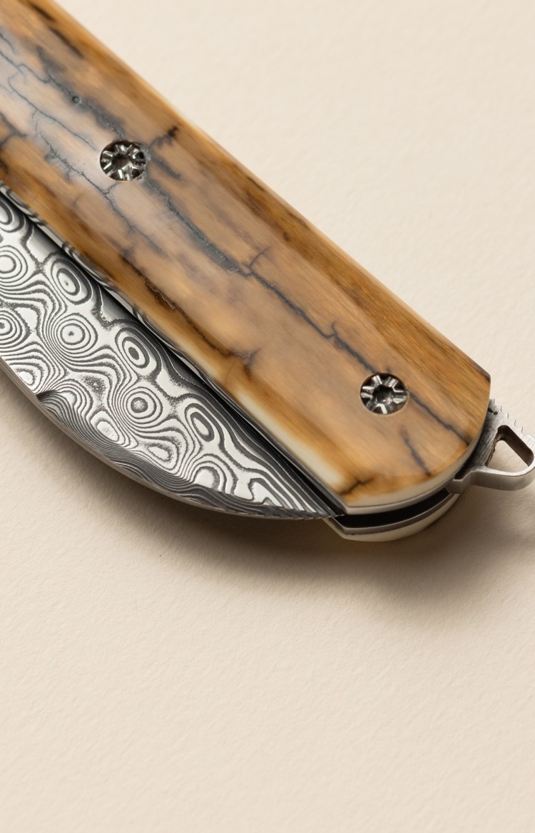 Alios - couteau pliant en ivoire de mammouth et mitre & lame damas