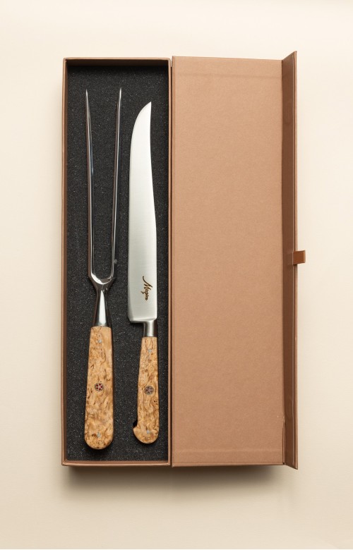 Service à découper Baïonnette - fourchette et couteau, manche en bois de bouleau et rivet mosaïque