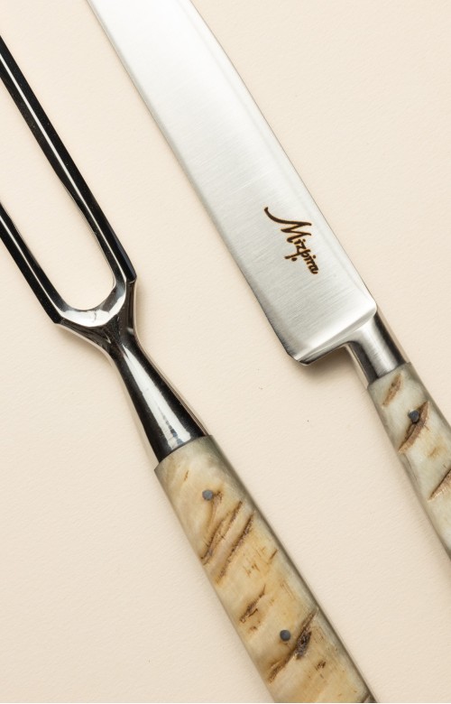 Service à découper Baïonnette artisanal Basque - fourchette et couteau, manche en corne de bélier