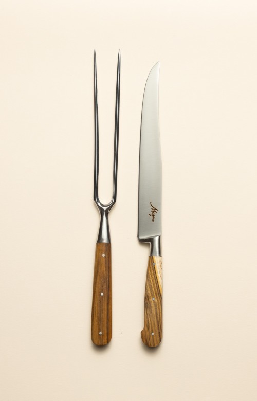 Service à découper Baïonnette artisanal Basque - fourchette et couteau, manche en bois de pistachier