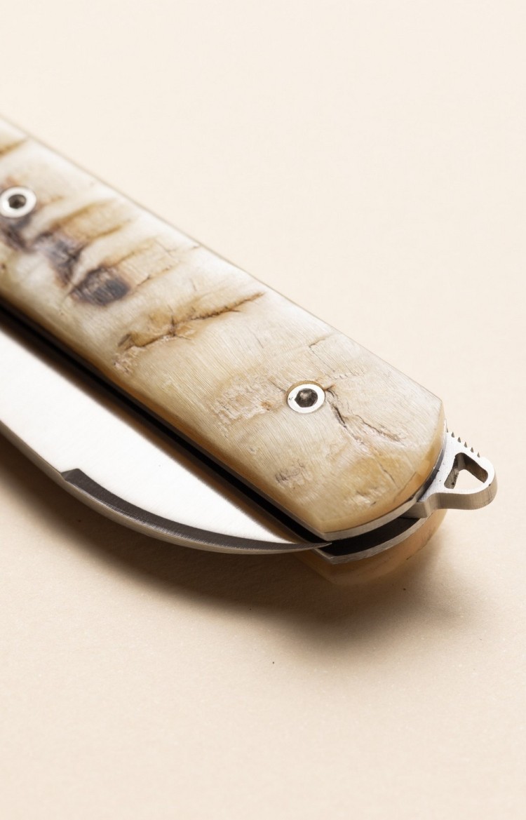 Photo du cran d'arrêt ingénieux du couteau l'Alios en corne de bélier