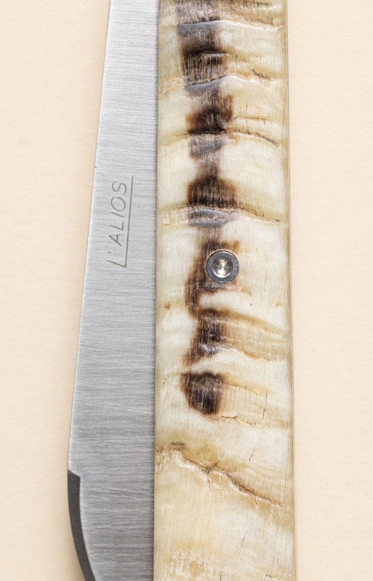 Photo du couteau artisanal l'Alios en corne de bélier, lame fermée en plan rapproché