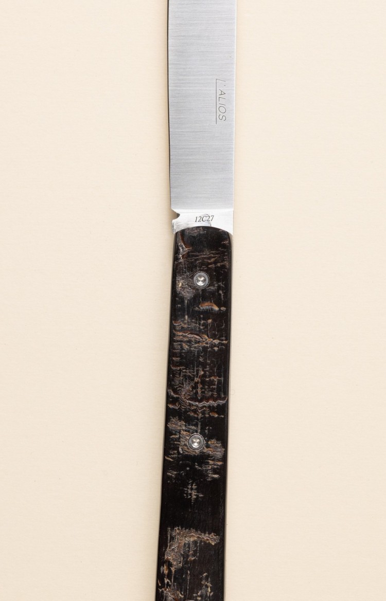 Photo du couteau artisanal l'Alios en corne de buffle, lame ouverte, plan rapproché