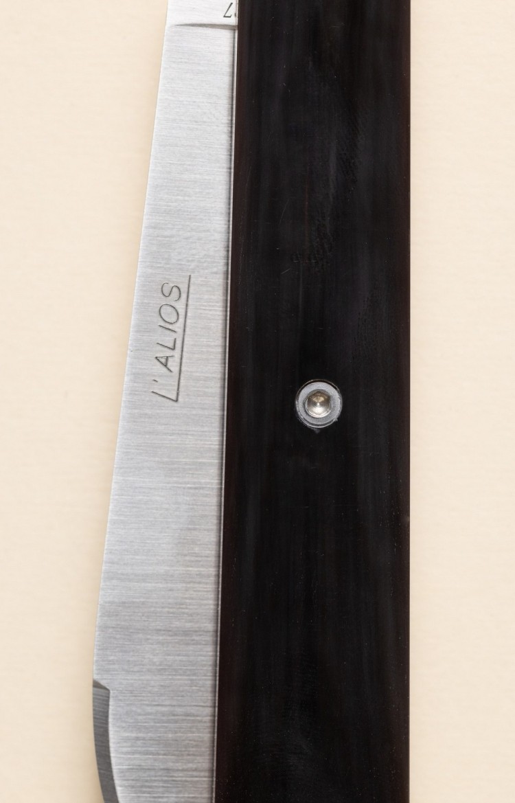 Photo du couteau artisanal l'Alios en corne de vache noire, lame fermée en plan rapproché
