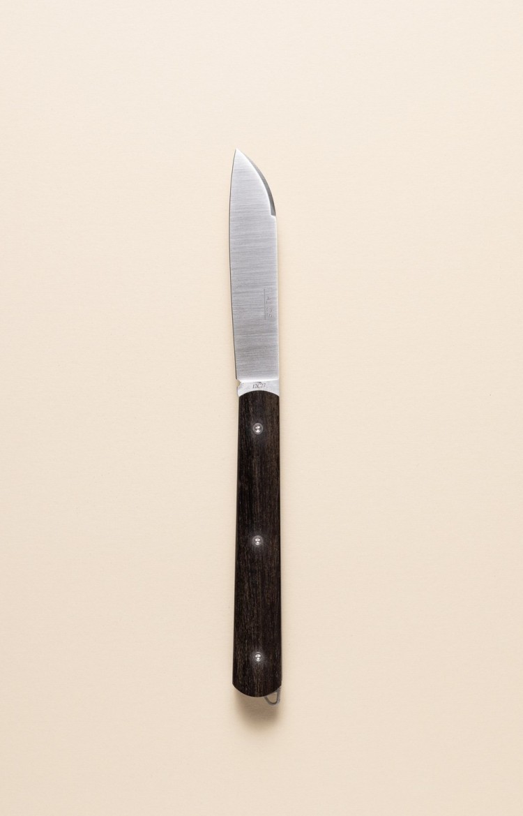 Photo du couteau artisanal l'Alios en ébène, lame ouverte