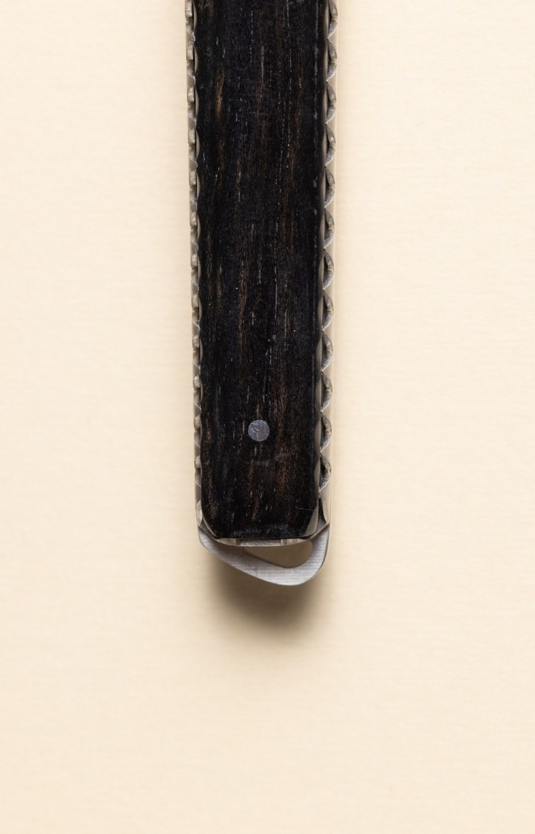 Photo rapprochée de l'extrémité de Taldea, couteau de table en ébène, platines ciselées