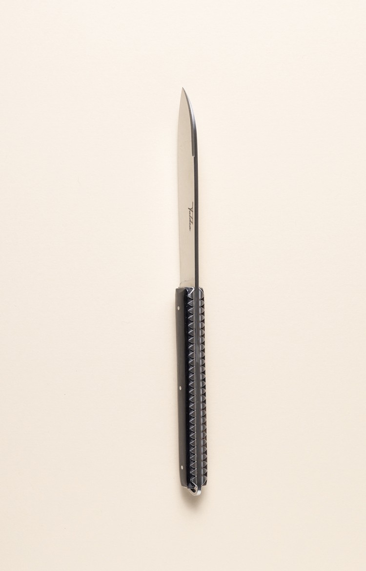 Photo de Taldea, couteau de table en ébène, vue sur le dos et le ciselage des platines