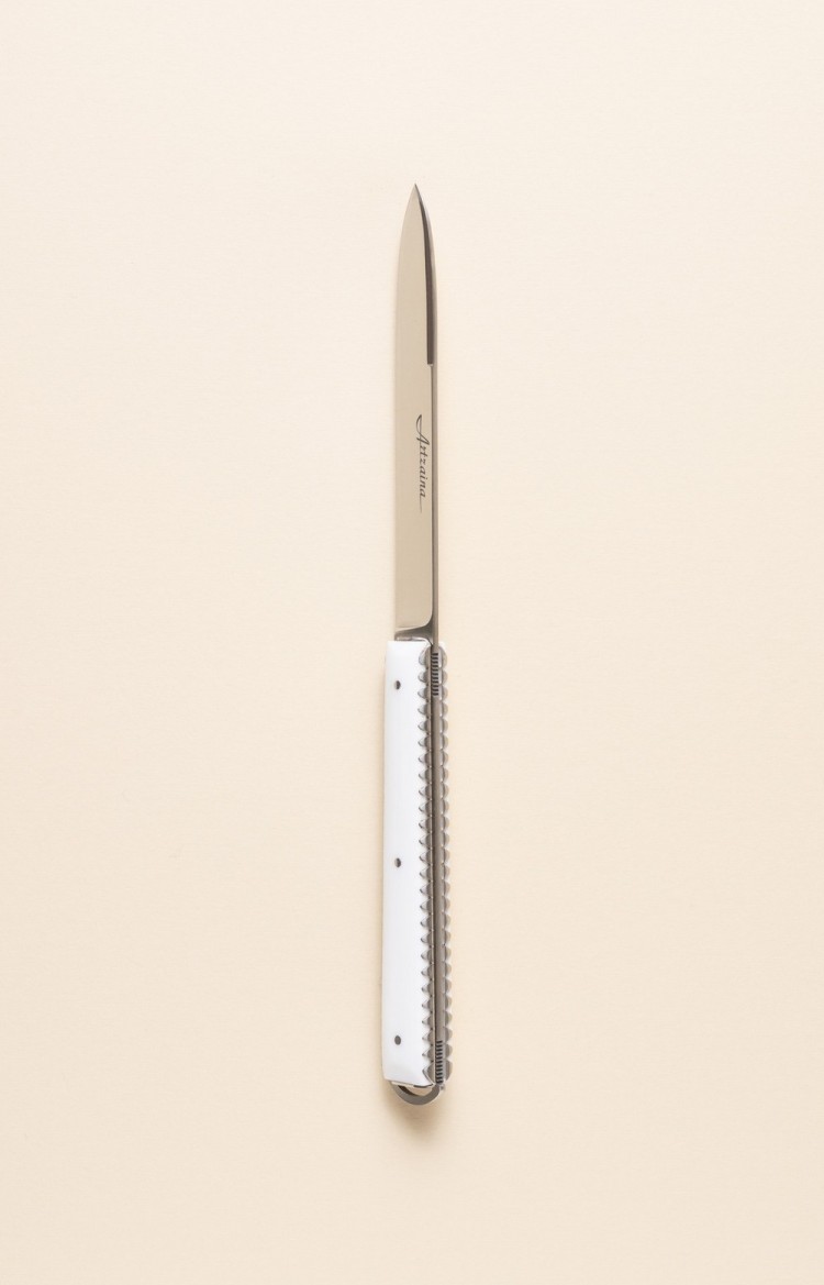 Photo de Artzaina, couteau de table en acrylique, vue sur le dos et le ciselage des platines