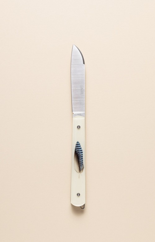 L'Alios, folding knife with jay feather