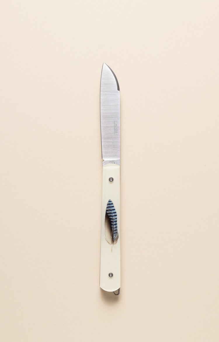 Photo du couteau artisanal l'Alios avec  plumes de geai dans de la résine sur fond blanc, lame fermée, plan rapproché