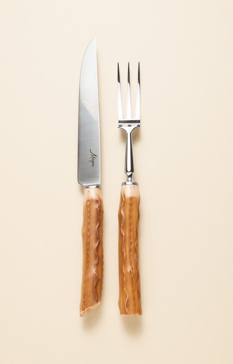 Photo de Mizpira, service à découper en néflier artisanal, fourchette et couteau