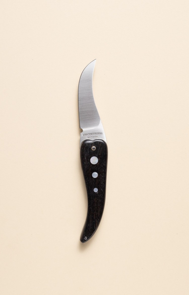 Photo de Bixia, couteau piment avec incrustation de nacre ou d'abalone, lame ouverte